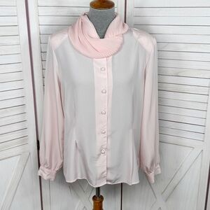 Vintage 80s 90s Eva‎ Laurel Crinkle Pleated Cowl Neck Satin Blouse Blush Pink 12